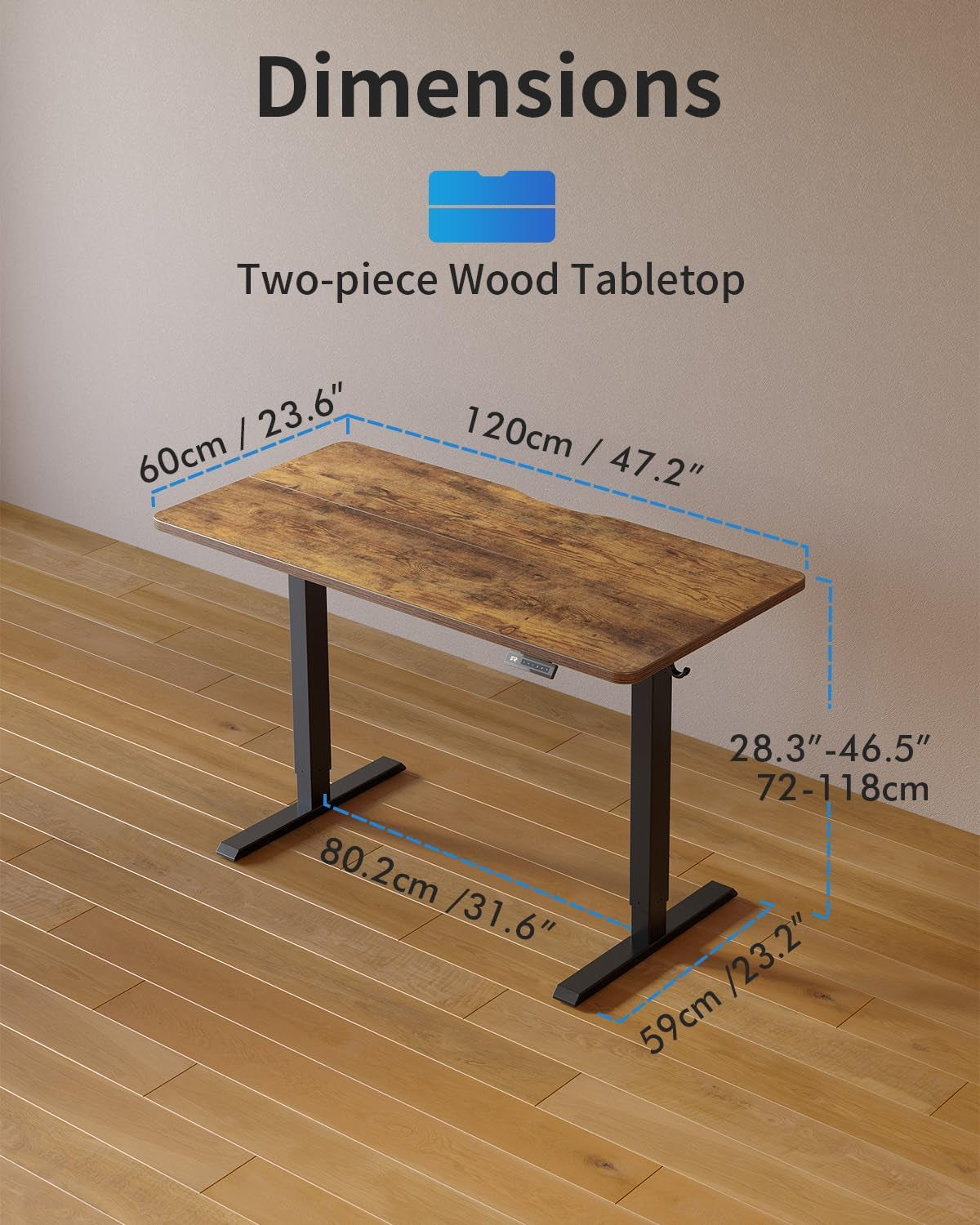 Electric Standing Desk, 48 X 24 Inches Height Adjustable Stand up Desk, Sit Stand Home Office Desk, Computer Desk, Rustic Brown
